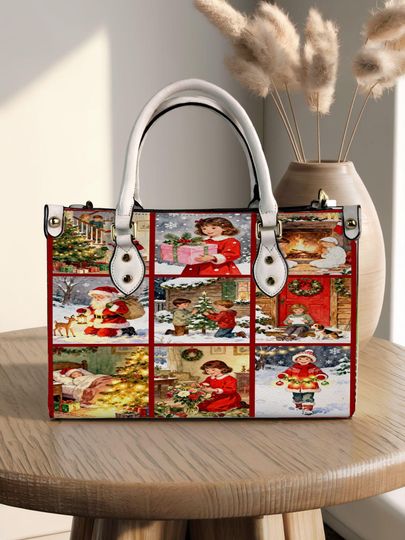 Discover Christmas Tree, Santa Claus Personalized Leather Handbag, Christmas Woman Shoulder Bag, Vintage Crossbody Bag, Top Handle Bag