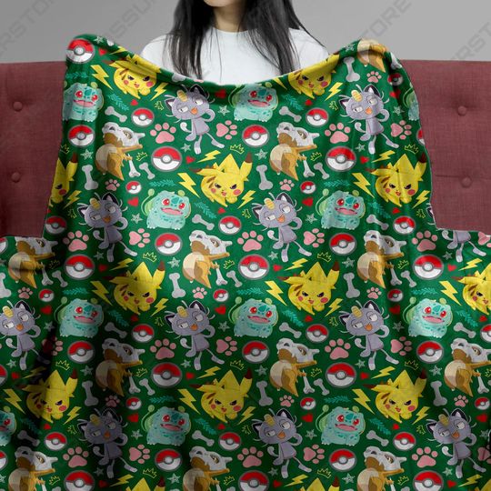 Bulbasaur Cubone Fleece Blanket Green Cozy Cotton Fleece Blend Throw Blanket Cute Bulbasaur Design Home Decor Blanket Gifts