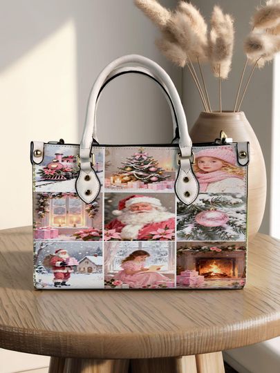 Pink Christmas Santa Claus  Leather Handbag, Pink Christmas Santa Claus Shoulder Bag, Vintage Crossbody Bag, Top Handle Bag