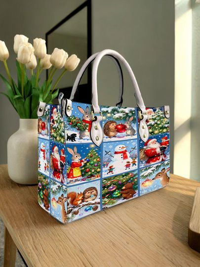 Discover Christmas Snowman, Santa Claus, Squirrel, Reindeer Personalized Leather Handbag, Shoulder Bag, Vintage Crossbody Bag, Top Handle Bag