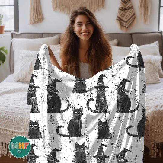 Discover Cute Witchy Black Cat Blanket - Cute Fall Blanket - Cute Ghost Blanket - Goth Blanket - Reading Blanket - Sherpa Blanket - Whimsigoth Decor