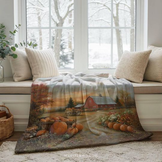 Fall Sherpa Throw Blanket - Rustic Red Barn Art, Pumpkin Farm, Autumn Country Harvest Scene, Plush Soft Warm Fleece, Halloween Season Decor