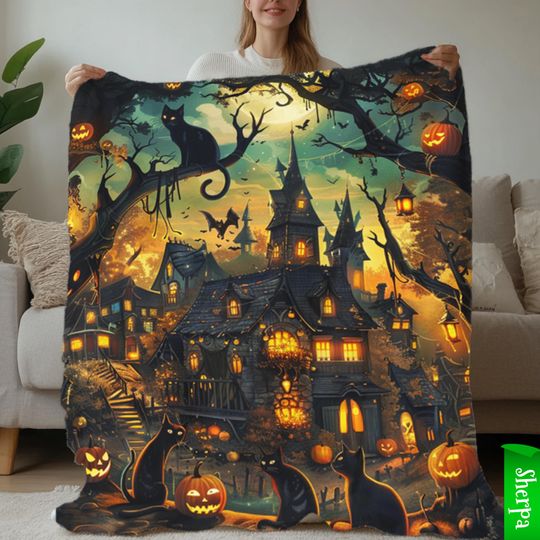 Halloween Blanket, Pumpkin Cat Blanket, Haunted House Decor, Cozy Sherpa Throw for Fall, Soft Autumn Home Accent, 50x60 or 60x80 Inches