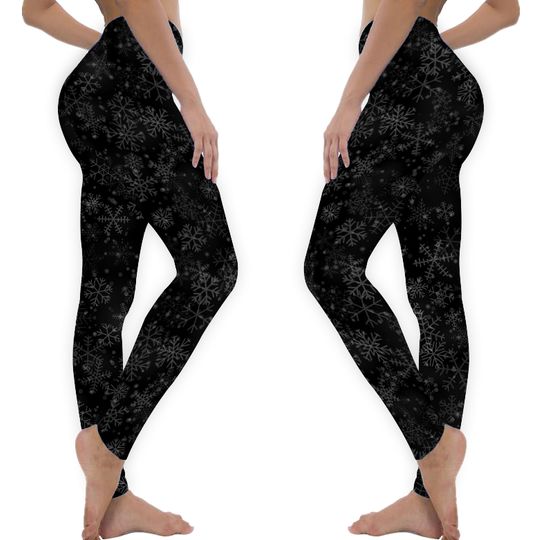 Black Christmas Snowflake Stretchy and Ultra Soft Leggings, Festive Holiday Womens Unique Tights, Holiday Season Leggings, Fun Yoga Tights