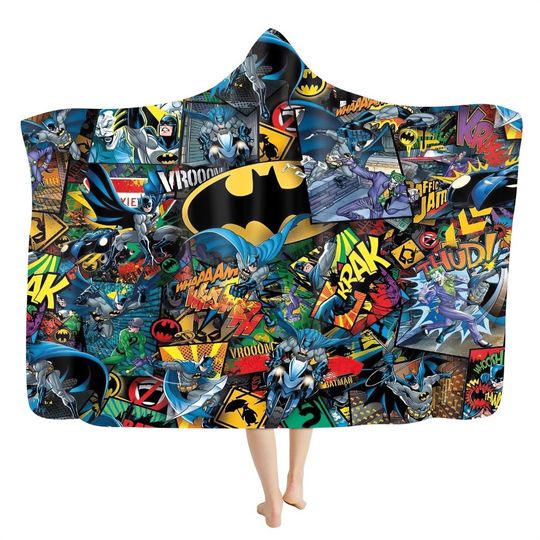 Rare! DC Comics Batman Collage Print Hooded Blanket