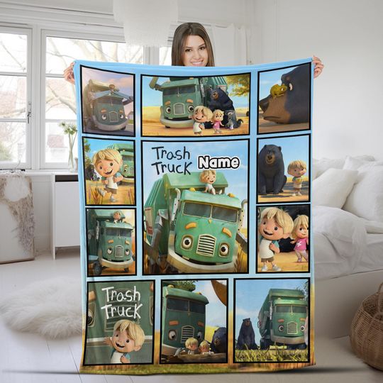 Discover Trash Truck Blanket, Personalized Trash Truck Fleece Blanket, Custom Name Family Blanket, Birthday Gifts for Kids,Christmas Gifts BZJB15