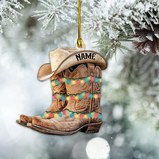 Personalized Cowboy Boots Hat Ornament, Cowboy Christmas Ornament, Howdy Holiday Ornament, Western Cowboy Cowgirl Ornament Gift
