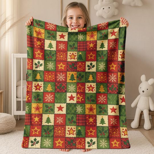 Discover Christmas Patchwork Fleece Blanket | Grandma Chic | Patchwork Quilt Inspired | Green and Red Color Blanket Throw | For Her Gift BZI308
