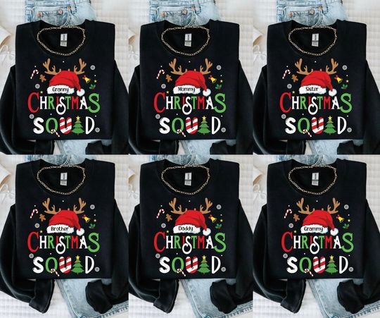 Discover Customized Family Christmas Squad 2025 Sweatshirts, Christmas Pajamas Group Sweatshirts Family Matching Sweatshirt