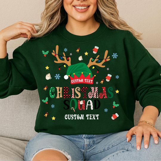 Discover Personalized Christmas Squad Sweatshirt, Custom Name Holiday Shirt, Funny Reindeer Elf Hat Hoodie, Family Matching Xmas Gift