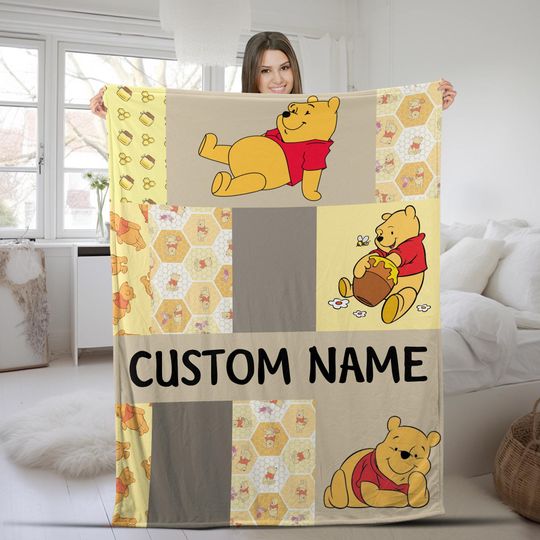 Discover Personalized Pooh / Vintage Baby Name Blanket - Unisex Classic Winnie the Pooh Nursery Theme, Quilt Style Blanket BZJB06