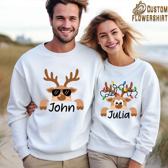 Discover Personalized Family Name Sweatshirt, Christmas Family Matching Sweater, Reindeer Graphic Crewneck For Couple, Custom Christmas Family Gift