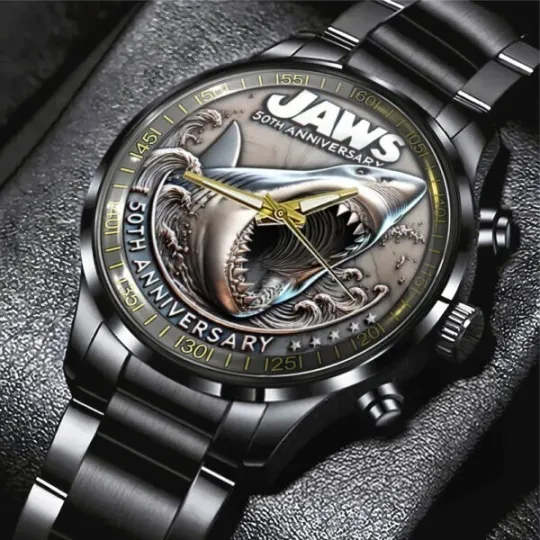Jaws Black Stainless Steel Watch Movie  50Th Anniversary