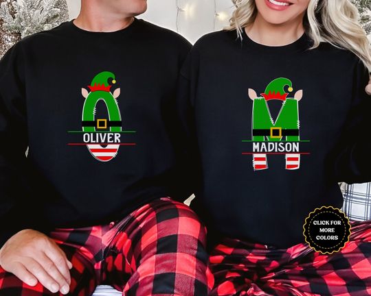 Custom Name Elf Family Matching Christmas Sweatshirts, Personalized Christmas Sweatshirt, Elf Monogram Sweatshirt, Holiday Couple Sweaters