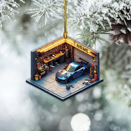 Auto Garage Christmas Ornament, Auto Garage 2D Flat Ornament, Auto Repair Shop Holiday Ornament, Mechanic Ornament Gift