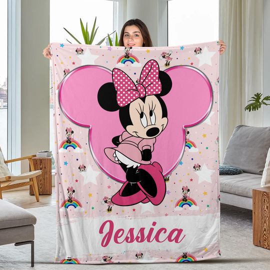 Discover Minnie Blanket, Personalized Disney Character Blanket, Disney Lover Gift, Minnie Lover Gift, Minnie Character Customized Name Blanket TKZS14