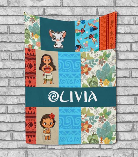 Discover Personalized Moana Blanket / Princess Inspired Baby Name Blanket - Kids Disney Princess - Minky or Fleece - Faux Quilt Style B-21032323