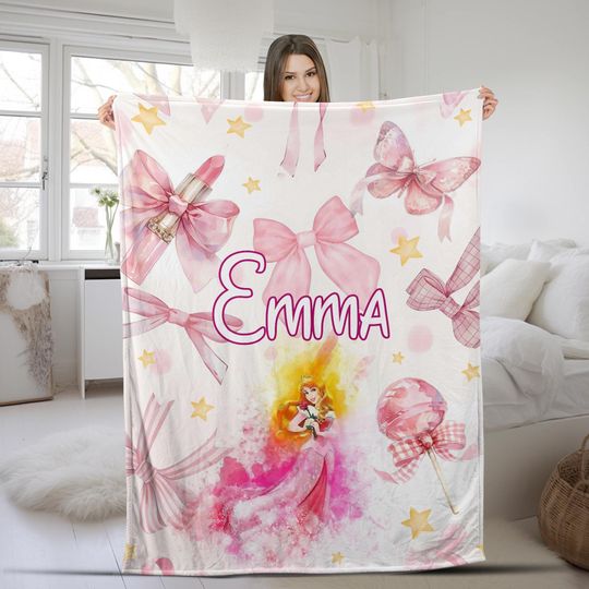 Discover Personalized Watercolor Coquette Bows Sleeping Beauty Disney Princess Aurora Blanket