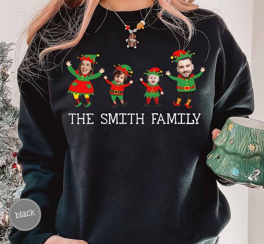 Personalized Photo Family Elf Sweatshirts,Christmas Elf Family Shirt,Custom Face Elf Christmas Tee, Elf Family Matching,Elf Christmas Family