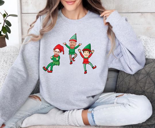 Discover Custom Face Christmas Sweatshirt, Family Christmas Elf Face Unisex Sweater, Funny Christmas Party Sweatshirt, Personalized Ugly Xmas Shirt