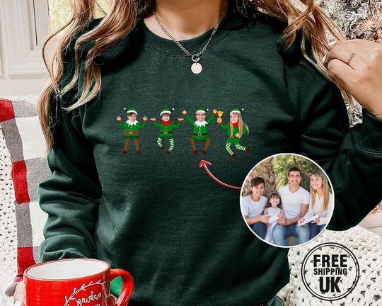 Discover Family Photo Elf Christmas Sweatshirt, Personalised Dancing Elf Printed Sweatshirt, Xmas Elf Party Family Matching Top, Funny Christmas Gift