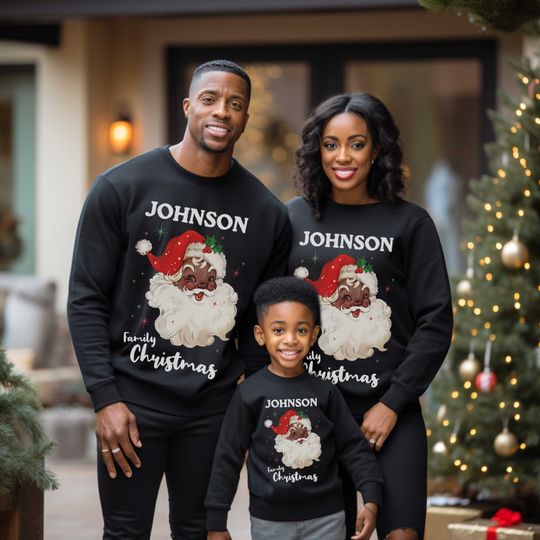 Discover Custom Retro Black Santa Sweatshirt Matching Family Name Christmas Sweater Personalized Christmas Xmas Tops African American Holiday Shirt
