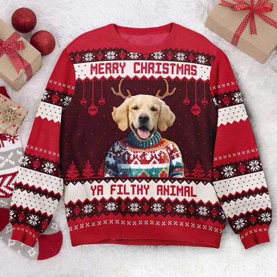 Personalized Dog Ugly Christmas Sweater, Merry Christmas Ya Filthy Animal Funny Holiday Sweatshirt, Custom Pet Photo Xmas Gift