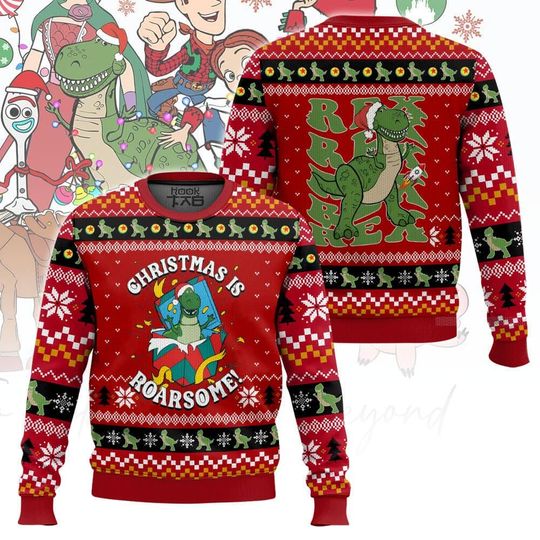 Discover Christmas Disney Toy Story Christmas Is Roarsome Ugly Sweater, All Over Print 3D Ugly Sweater Gift For Her, Family Trip Xmas Party Gift