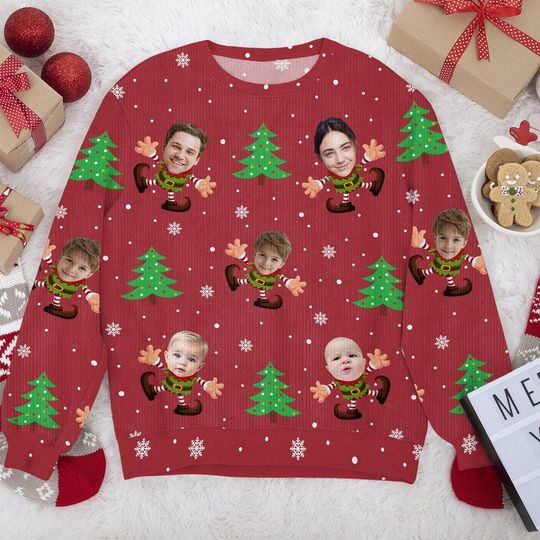 Custom Face Elf Christmas Sweater, Personalized Ugly Xmas Jumper with Your Photo, Funny Holiday Outfit & Unique Gift for Family and Friends