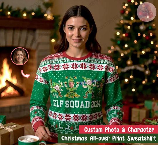 Discover Personalized Family Elf Christmas Sweater 2025, Custom Photo & Name Ugly Xmas Sweater, Matching Holiday Party Outfit for Family and Friends