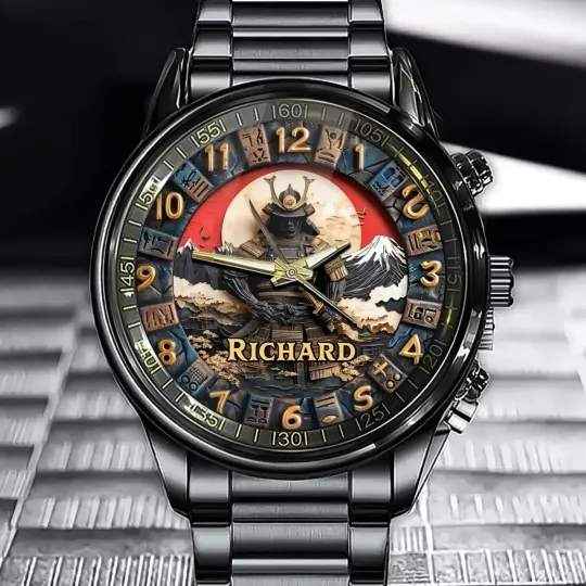 Discover Personalized Japanese Samurai Design Watch – Custom Name Engraved Timepiece
