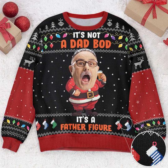 Discover Funny Ugly Christmas Sweater, Its Not a Dad Bod Its a Father Figure, Personalized Santa Face Holiday Sweatshirt Gift for Men