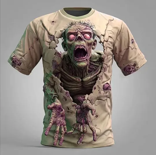 Discover Zombie 3D T-Shirt Ripped Hole Effect Scary Undead Pink Eyes Halloween Graphic
