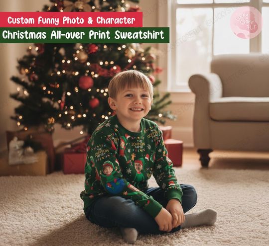 Discover Funny Elf Family Christmas Sweater 2025, Ugly Xmas Sweater with Custom Photo & Name, Matching Elf Holiday Party Outfit for Friends Family