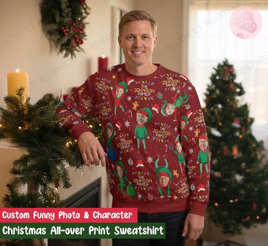 Funny Elf Couple Christmas Sweater 2025, Ugly Xmas Sweater with Custom Photo, Matching Elf Holiday Outfit for Couples, Friends & Families