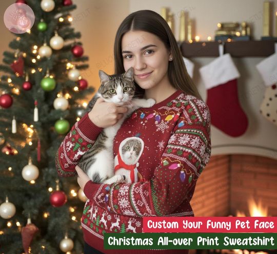 Discover Personalized Pet Face Ugly Christmas Sweatshirt, Funny Cat & Dog All Over Print Sweater, Pet Lover Holiday Outfit, Matching Xmas Gift 2025