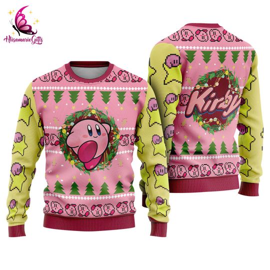 Kirby Video Game Ugly Christmas Sweatshirt | Pink Kirby Ugly Sweater