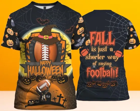 Halloween Fall Football T-shirt 3D, Spooky Fall Halloween 3D T-shirt