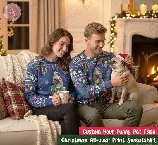 Personalized Pet Face Ugly Christmas Sweatshirt, Funny Cat & Dog All Over Print Sweater, Pet Lover Holiday Outfit, Matching Xmas Gift 2025