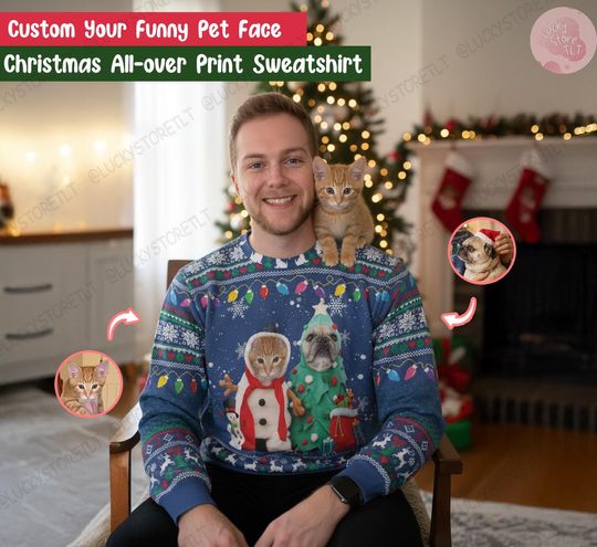 Discover Personalized Pet Face Ugly Christmas Sweatshirt, Funny Cat & Dog All Over Print Sweater, Pet Lover Holiday Outfit, Matching Xmas Gift 2025