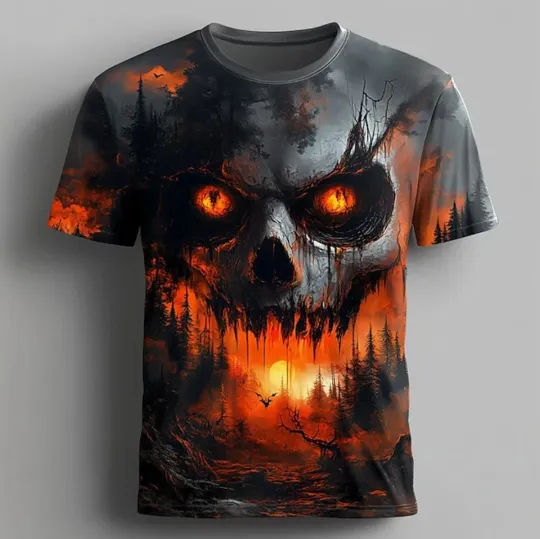 Halloween Men’s Skull Flame T-Shirt 3D Horror Creweck Graphic Tee