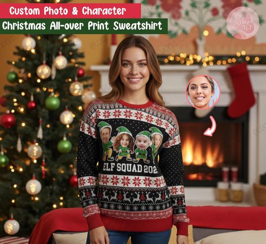 Discover Custom Elf Ugly Christmas Sweater 2025, Personalized Photo Name Xmas Jumper, Funny Matching Outfit for Family & Friends Holiday Celebration