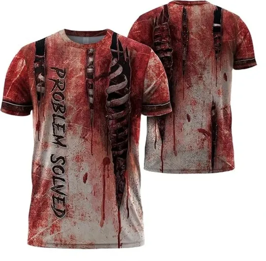 Discover Problem Solved Bloody T-Shirt 3D For Men Funny Horror Graphic Tee Halloween Gift
