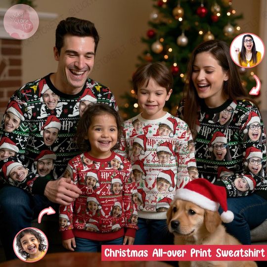 Custom Photo Wizard Ugly Christmas Sweatshirt, Funny Custom Kid Face Ugly Christmas Sweater, Family Matching Xmas Outfit, Holiday Party Gift