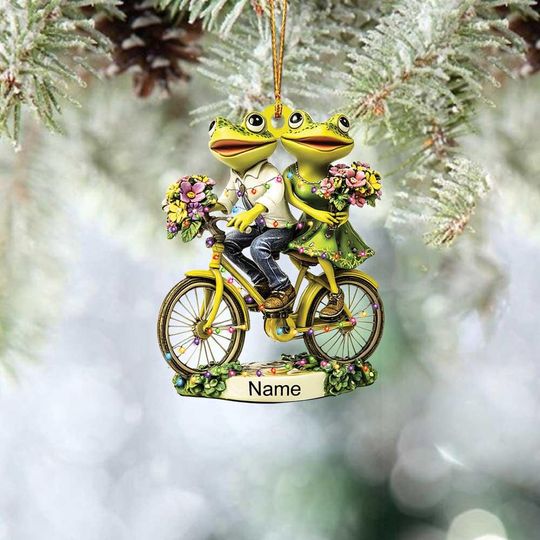 Personalized Frog Ornament, Frog Couple Christmas Ornament, Frog Lovers Ornament Gift, Frog Cycling Ornament Holiday Xmas Gift