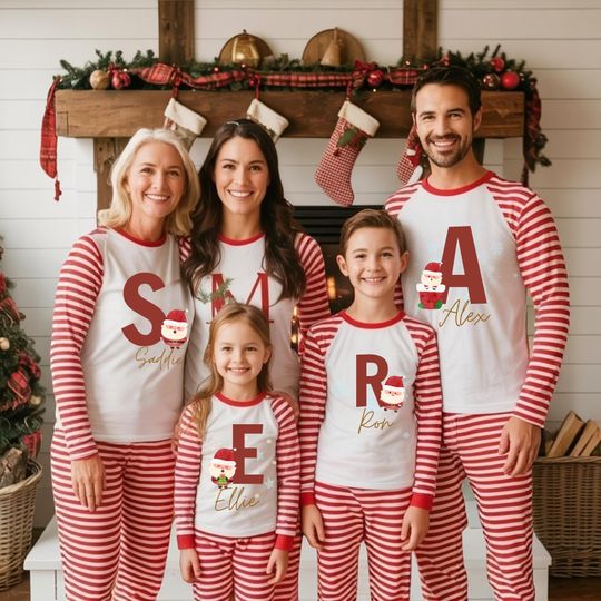 Personalized Family Christmas Pajamas With Name And Initial, Matching Red White Striped Santa Sleepwear Set For Kids And Adults Holiday PJs