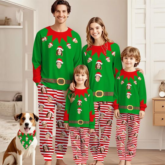 Custom Face Funny Elf Pajama Set,Personalized Photo Family Christmas Pajamas