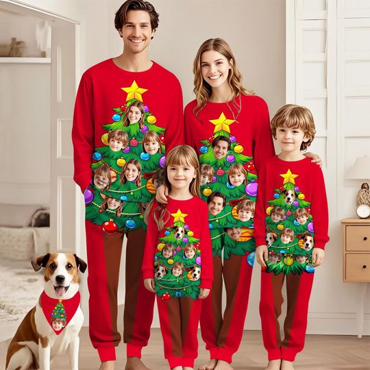 Discover Custom Face Funny Living Christmas Tree Pajama Set,Personalized Family Photo Pajamas