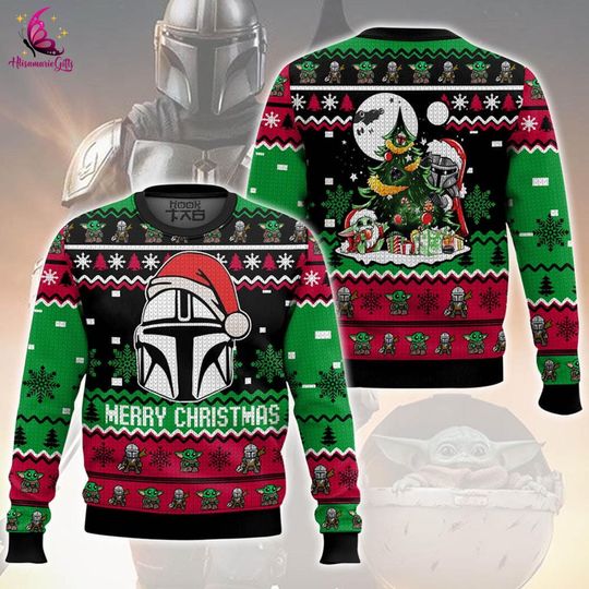 Discover Mandalorian Baby Yoda Ugly Christmas Sweater, Merry Christmas Sweater, Mandalorian Movie Sweater, Starwar Merry Christmas 2024 Shirt