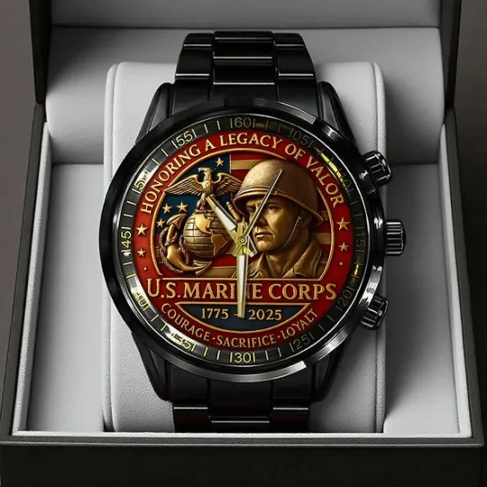 Discover US Marine Corps Black Stainless Steel Watch 1977-2025